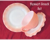 Hazel Atlas - Pink Ruffle Crinoline - RARE Snack Dessert Lunch Set - 7 quot Plate Cup Saucer - Depression Glass - Estate Antique - Pink Ribbon