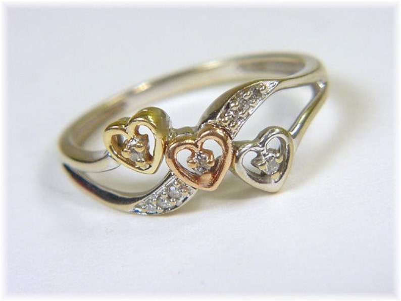 Daughter Ring Stack Triple Heart Diamond 10K Gold Sweetheart Promise Ring FREE SHIPPING White Yellow Rose Gold Promise Ring 14K