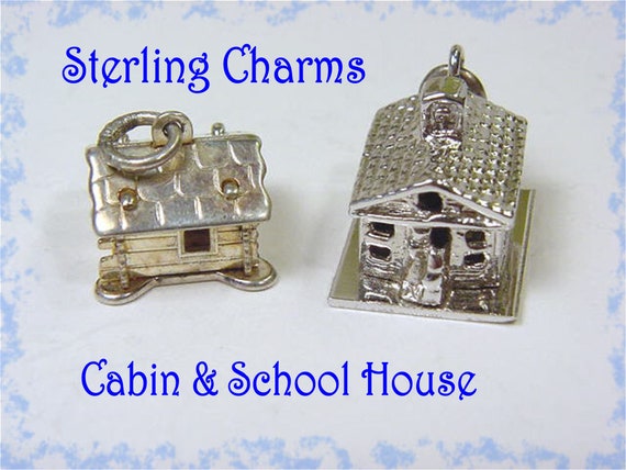 Charm Sterling Silver School House & Log Cabin Ch… - image 1