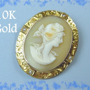 May include: An oval 10K gold cameo brooch. It features a carved profile of a woman with flowing hair. The cameo is set in a gold frame with floral detailing and small pearl accents. The text "10K Gold" is in the upper left corner.