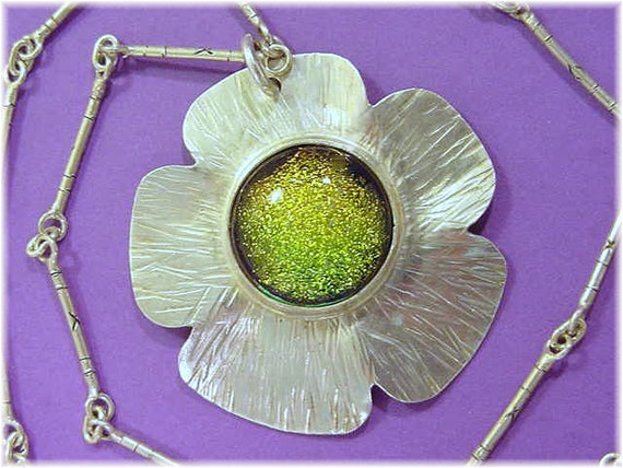 Flower Iridescent Art Glass Sterling Silver Penda… - image 2