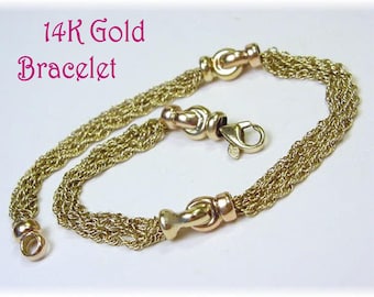 14K Gold Twisted Rope Chain Station Bracelet, Zen Olam Unity Interlocking Circles Stations, 4 Chain Strands    FREE SHIPPING