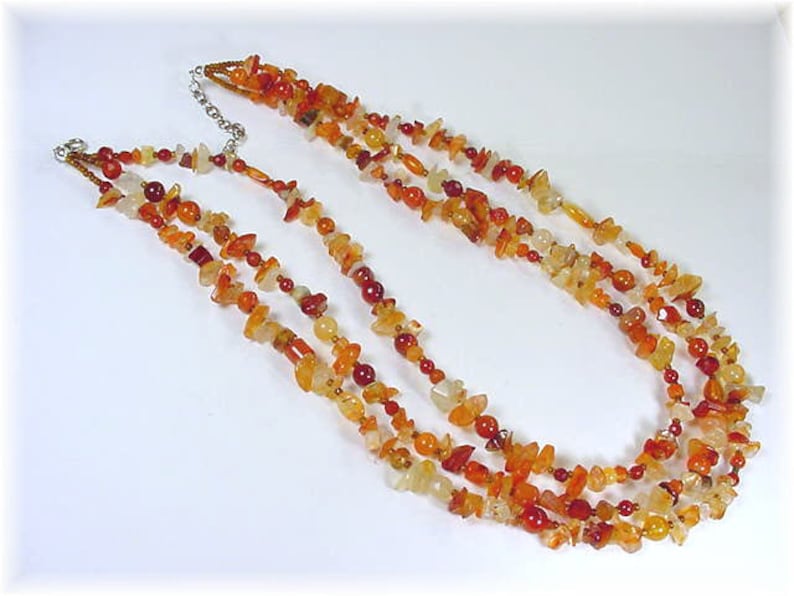 Carnelian Nugget Sterling Silver 3 Strand Necklace Artisan OOAK Orange Red Bead Agate Layering Handmade Autumn Jewelry FREE SHIPPING