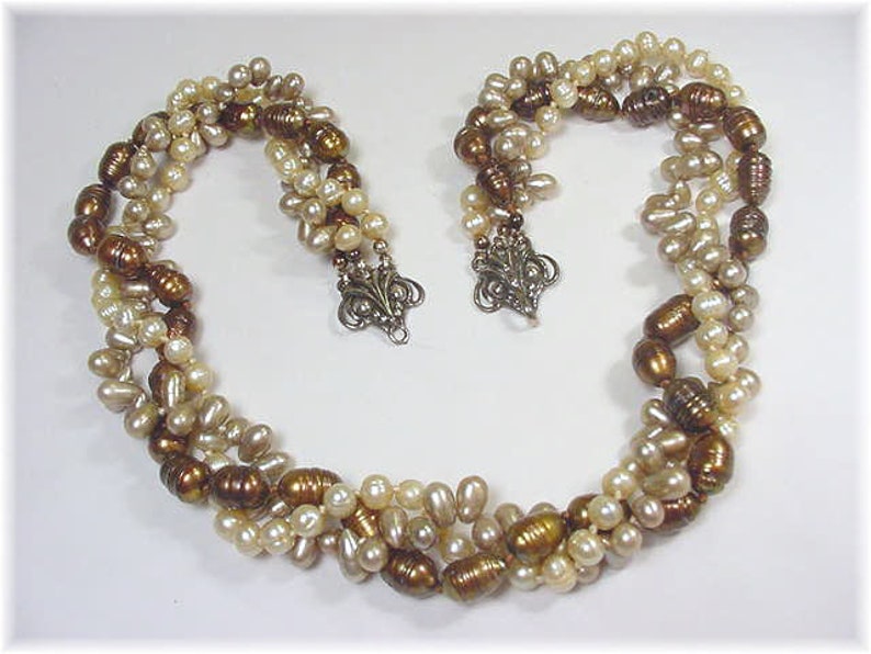 Chocolate Brown Baroque 3 Strand Twisted Pearl Sterling Silver Necklace FREE SHIPPING Artisan Iridescent 6 to 10 mm Torsade Pearls Bead