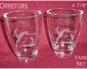 Orrefors Sweden Crystal Vase - Etched Deer Vase Set of 2 Vases - Scandinavian Art Glass - Modernist Mid Century Modern Retro FREE SHIPPING