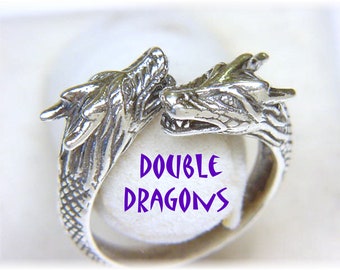 DRAGON Double Head Sterling Silver Ring, Biker Jewelry, Dungeons, Celtic, Gothic, Mythical, Medieval   FREE SHIPPING
