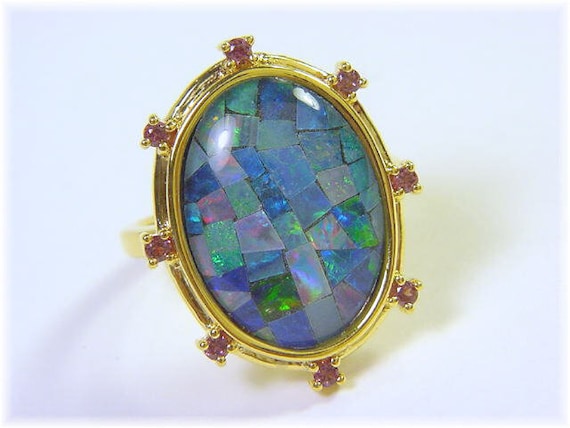 18K Gold Black Australian Opal Mosaic Cocktail To… - image 2