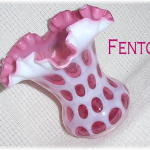 Fenton Cranberry Opalescent Coin Dot Vase, Fenton Vase, Pink Ruffled Crimped Top, Art Glass, Older Large Dots, Basket, Flowers FREE SHIPPING