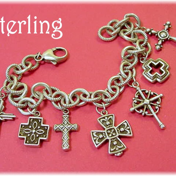 Cross Sterling Silver Charm Bracelet Chain Link - Waldeck Johnson Designer - Christian Jewelry, Church Bible, Religious, God + FREE SHIPPING