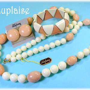 Dauplaise Necklace, Rose Pink Cream Lucite Bead Necklace Stretch Bracelet Earrings, Signed Original Tags, Costume Jewelry   FREE SHIPPING