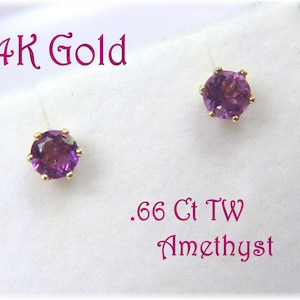 14K Gold Amethyst Earrings, .33 Ct Each, 4 mm Genuine Amethyst Earrings, Purple, Wedding Jewelry, 14K Gold Earrings, Stud   FREE SHIPPING