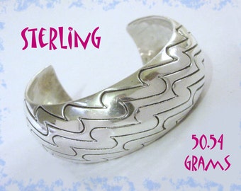 Ocean Waves Sterling Silver Cuff Bracelet, Chunky 50.54 Grams, Modern Art, Beach, Modernist, Beach, Mod, Tropical, Modernist   FREE SHIPPING