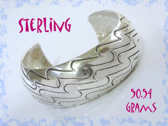 Ocean Waves Sterling Silver Cuff Bracelet, Chunky… - image 1