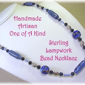 Murano Blue Gold Foil Bead Lampwork Art Glass Sterling Silver 24&quot; Bead Necklace, One of A Kind Artisan Handmade Jewelry,   FREE SHIPPING