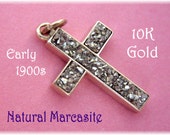 10K Gold ~ Early 1900s Sparkling Pyrite Double Sided Cross Pendant - Natural Marcasite - Victorian - FREE SHIPPING