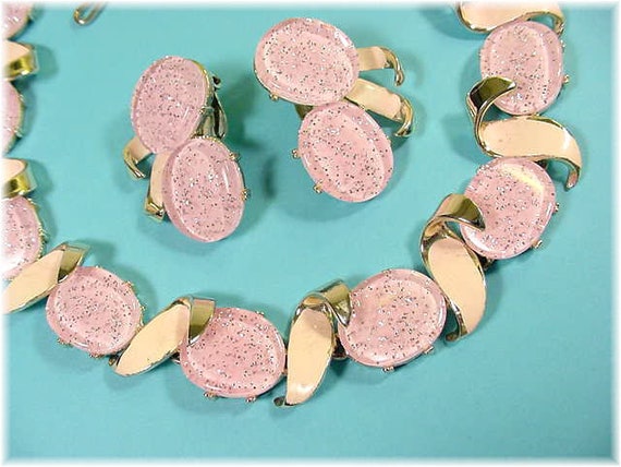 CORO Pink Confetti Thermoset Necklace Earrings Se… - image 1