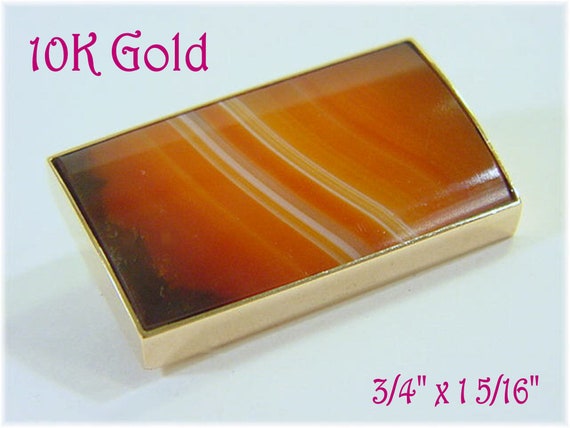 10K Gold Banded Agate Bar Brooch Pin, Carnelian, … - image 1