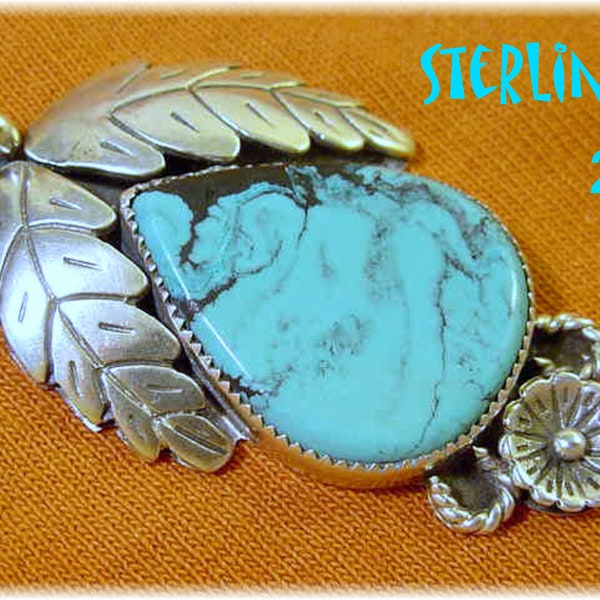 Feather Sleeping Beauty Turquoise Sterling Silver Old Pawn 2" Pendant - Navajo, Native American Indian Jewelry, Fred Harvey + FREE SHIPPING