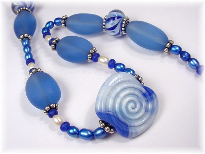 Blue Sea Art Glass Spiral Sterling Silver Pearl Necklace - Etsy