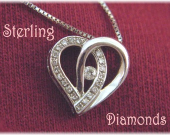 Open Heart Pave Diamond Sterling Silver Pendant Chain Necklace, Love, Wedding Jewelry, Bride, Valentines Day Gift    FREE SHIPPING