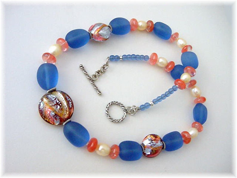 Lampwork Art Glass Rutilated Quartz Pearl Bead Beaded Blue Beach Glass Sea Glass Sterling Silver Necklace Artisan OOAK FREE SHIPPING