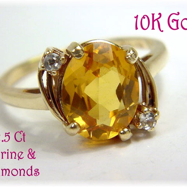 10K Gold Citrine Diamond Cocktail Ring, AAA Honey Golden Yellow, 10K Gold Ring, 14K, Ostby Barton, Vintage Jewelry, Estate   FREE SHIPPING