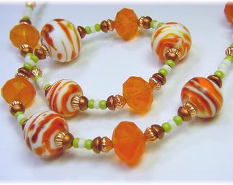 Orange Lampwork Art Glass Bead Copper Sterling Silver Necklace, Custom One of A Kind Artisan Jewelry   FREE SHIPPING