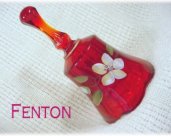 Fenton Bell, Ruby Red Amberina Hand Painted Flowers Art Glass Bell, Vase, Basket, Fairy Lamp     FREE SHIPPING