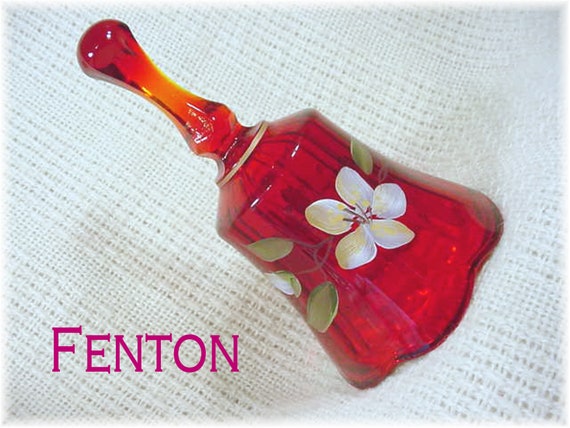 Fenton Bell, Ruby Red Amberina Hand Painted Flowers Art Glass Bell, Vase, Basket, Fairy Lamp     FREE SHIPPING