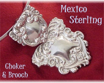 Mexican Repousse Scrolls Sterling Silver Collar Pendant Necklace, Brooch Pin, Mexico, Taxco  FREE SHIPPING
