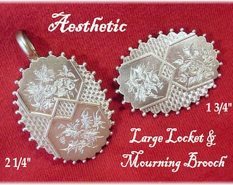 1800s Aesthetic Victorian Ornate Sterling Silver Locket & Mourning Brooch Set, VERY RARE Antique, Engraved Flowers, Edwardian FREE Shipping