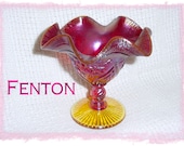 Fenton Ruby Red Amberina Candy Dish Stretch Art Glass - Daisy Floral Design Compote Nut Bowl - Red Yellow - Carnival Glass FREE SHIPPING
