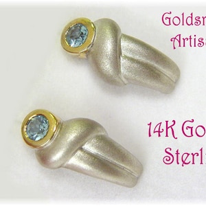 Blue Topaz 14K Gold Satin Sterling Silver Earrings, Topaz Earrings, 14K Gold Earrings Custom Designer One of A Kind Modern Art FREE SHIPPING