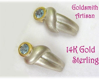 Blue Topaz 14K Gold Satin Sterling Silver Earrings, Topaz Earrings, Custom One of A Kind Goldsmith Jewelry  FREE SHIPPING