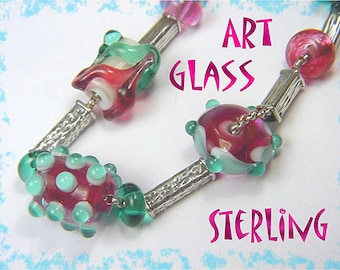 Art Glass Bead Sterling Silver Necklace, One of A Kind Artisan Jewelry, Lampwork Bead Necklace, Art Jewelry   FREE SHIPPING