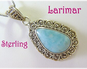 Larimar Sterling Silver Pendant, High Quality 9 Ct Blue Larimar, Caribbean, Dominican Republic, Beach, Tropical, Zen, Gypsy  FREE SHIPPING