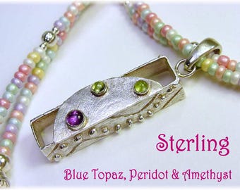 Tutti Frutti Glass Bead Sterling Silver Necklace Custom Pendant, Blue Topaz Peridot Amethyst, One of A Kind Artisan Jewelry   FREE SHIPPING