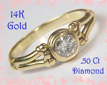 Custom 14K Gold .50 Ct Solitaire Diamond Ring, Engagement Ring, Goldsmith One of A Kind Jewelry, Wedding, Bride    FREE SHIPPING