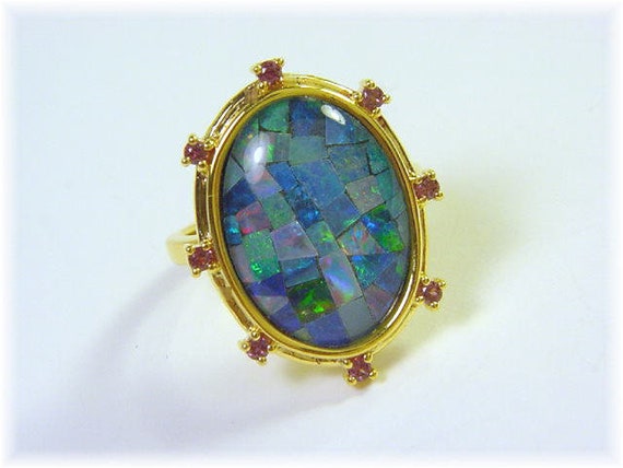 18K Gold Black Australian Opal Mosaic Cocktail To… - image 3