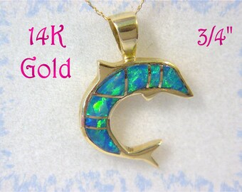 14K Gold Dolphin Black Opal Pendant Chain Necklace, Australia Black Opal, Beach, Tropical   FREE SHIPPING