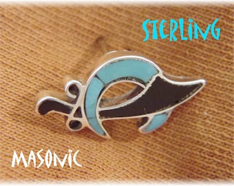 Masonic Sword Crescent Moon Turquoise Sterling Silver Tie Tack Lapel Pin, Shriners, Mason Saber Scimitar,  Cufflinks, Suit  FREE SHIPPING