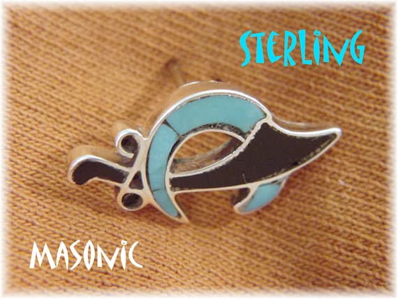 Masonic Sword Crescent Moon Turquoise Sterling Si… - image 1