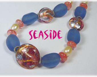 Collar de plata de ley de vidrio marino de arte, joyería artesanal personalizada única en su tipo, vidrio de arte de lámpara, cuarzo rosa rutilado, envío gratis en la playa