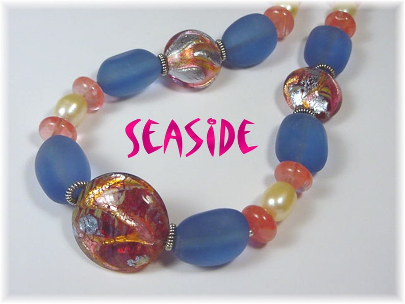 Lampwork Art Glass Rutilated Quartz Pearl Bead Beaded Blue Beach Glass Sea Glass Sterling Silver Necklace Artisan OOAK FREE SHIPPING