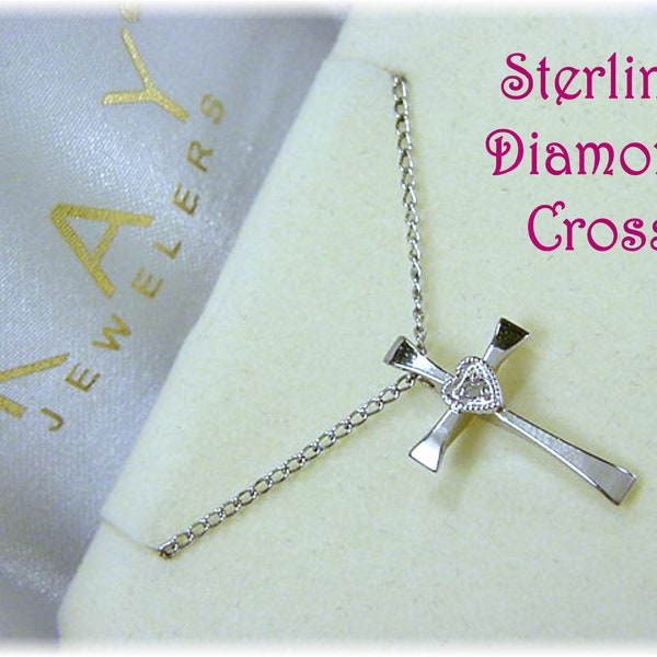 Diamond Cross Pendant Necklace, Sterling Silver Pendant Chain Necklace, Kay Jewelers, Christian, Religious, Wedding Jewelry FREE SHIPPING