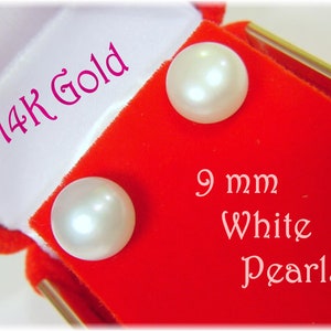 14K Gold Akoya Pearl White Stud Earrings, 9 mm AAA Silky Genuine Cultured, Fine Wedding Jewelry, Christmas Gift, Beach Bride + FREE SHIPPING