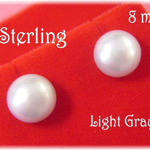 Pearl Sterling Silver Earrings 8 mm Light Gray - Silky Genuine Cultured Stud - Gift Box - Wedding Jewelry, Beach, High Class + FREE SHIPPING