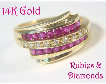 14K Gold 1 Ct Ruby Diamond Cluster Cocktail Ring, Size 8, Vintage Jewelry   FREE SHIPPING