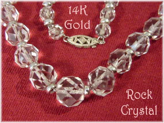 14K Gold Rock Crystal Faceted Necklace, 40 14K Wh… - image 1