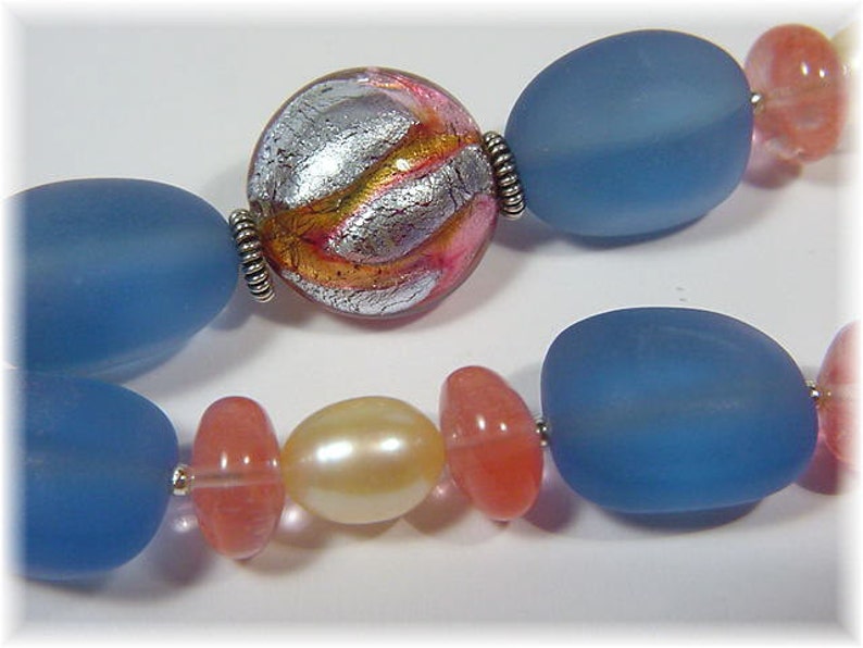 Lampwork Art Glass Rutilated Quartz Pearl Bead Beaded Blue Beach Glass Sea Glass Sterling Silver Necklace Artisan OOAK FREE SHIPPING